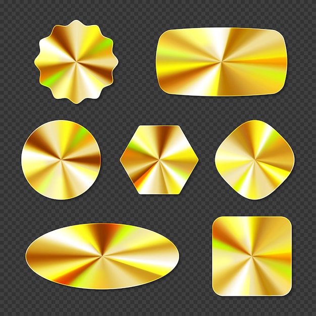 Gratis vector gouden holografische stickers, hologrametiketten verschillende vormen.
