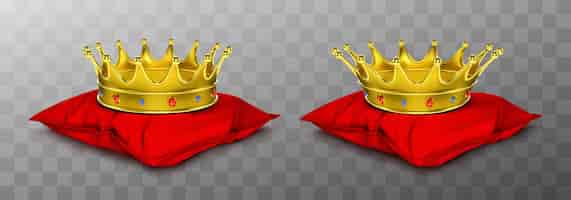 Gratis vector gouden koninklijke kroon voor koning en koningin op rood kussen
