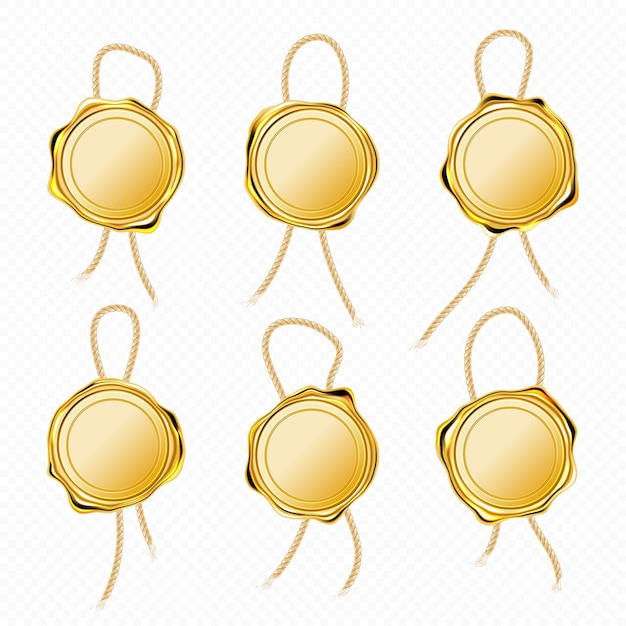 Gratis vector gouden lakzegels met touw voor brief, garantie of certificaat.