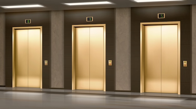 Gouden lift met gesloten deuren in gang