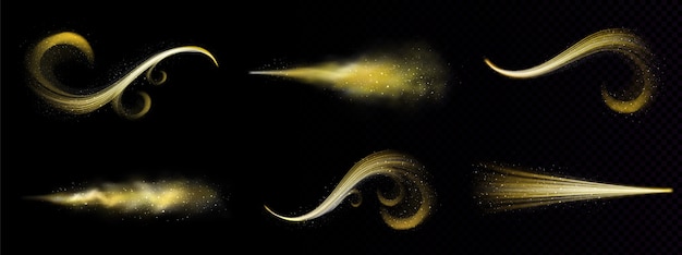 Gratis vector gouden magische spray, sprookjesachtige glitterstof met sporen van gouden deeltjes