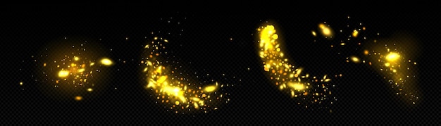 Gratis vector gouden magische vuurvlieg glitter glans effect vector set gouden abstracte schittering met stardust textuur geïsoleerd op transparante achtergrond flash glamour shimmer decoratie met confetti deeltje spray