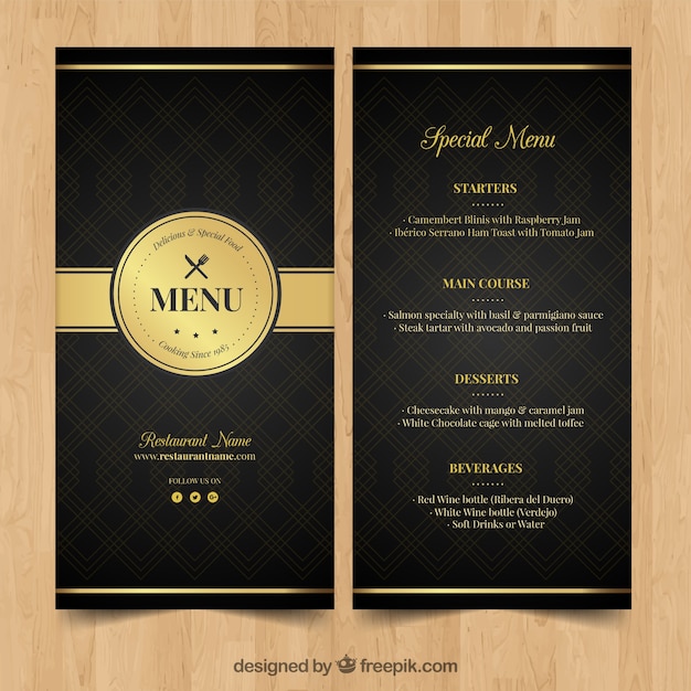 Gouden menu voor elegant restaurant Premium Vector