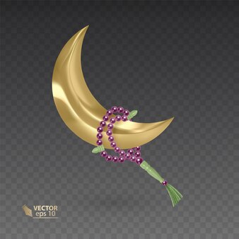 Gouden, moslimmaand omringd door een rozenkrans, realistische gebedskralen die op de gouden maan hangen, illustratie op donkere achtergrond