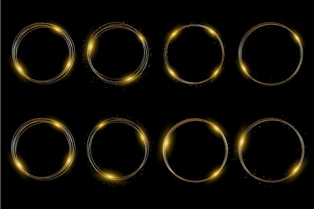 Gouden neonlicht rond frame gouden flits vliegt cirkel gloeiende magische flitsen van vuur ringspoor Premium Vector