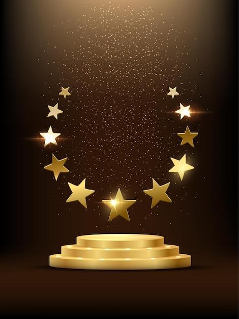 Gratis vector gouden podium met gloeiende sterren gouden podium met glitter en lichte rook op donkere achtergrond