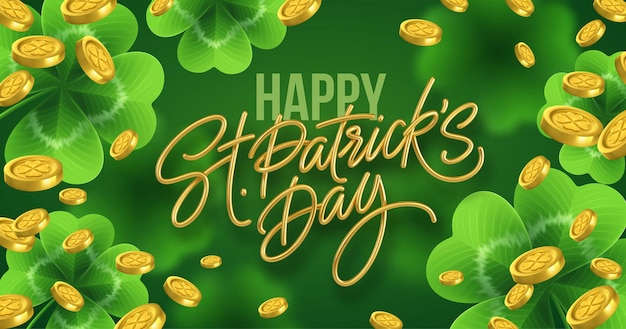 Gouden realistische belettering happy st. patricks day met realistische klaverblaadjes en gouden munten.