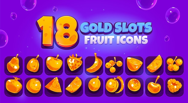 Gouden slots fruit en bessen pictogrammen kers bosbes pruim aardbei sinaasappel appel en watermeloen Vector cartoon set gouden voedsel symbolen voor spel perzik peer kiwi banaan en bes