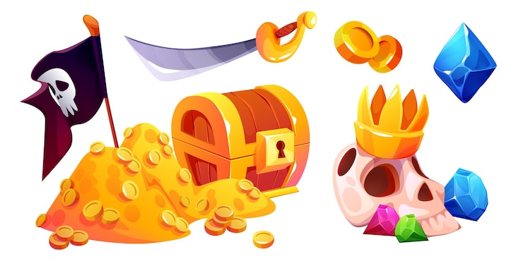 Gratis Vector gouden stapel bij de houten piraten schatkist.