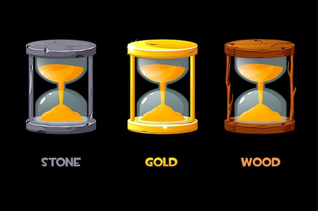 Gouden, stenen, houten zandloper voor het meten van de tijd voor het spel.