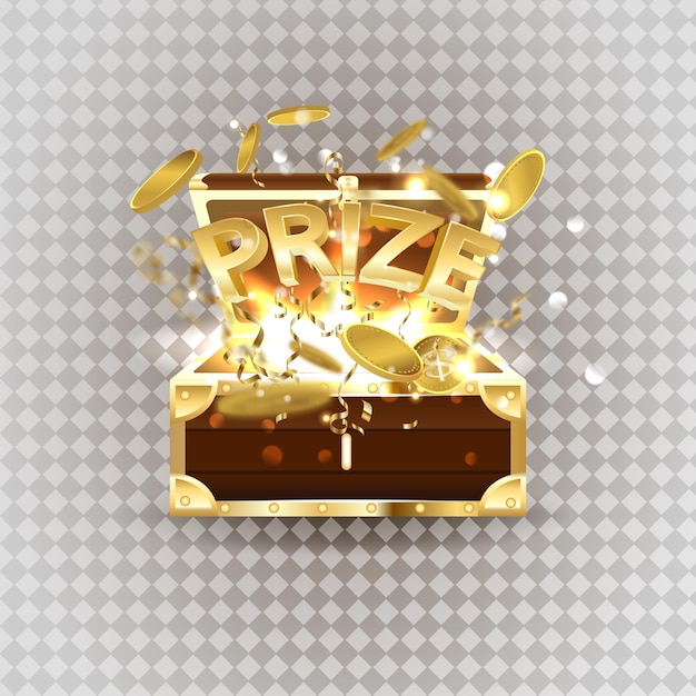 Gratis vector gouden tekstprijs uit een kist met munten en confetti vector