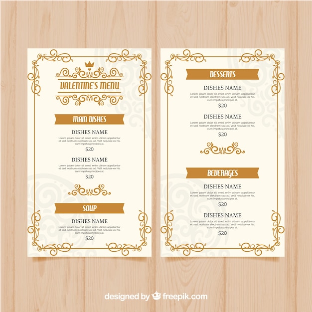 Gratis vector gouden valentijnskaartmenu