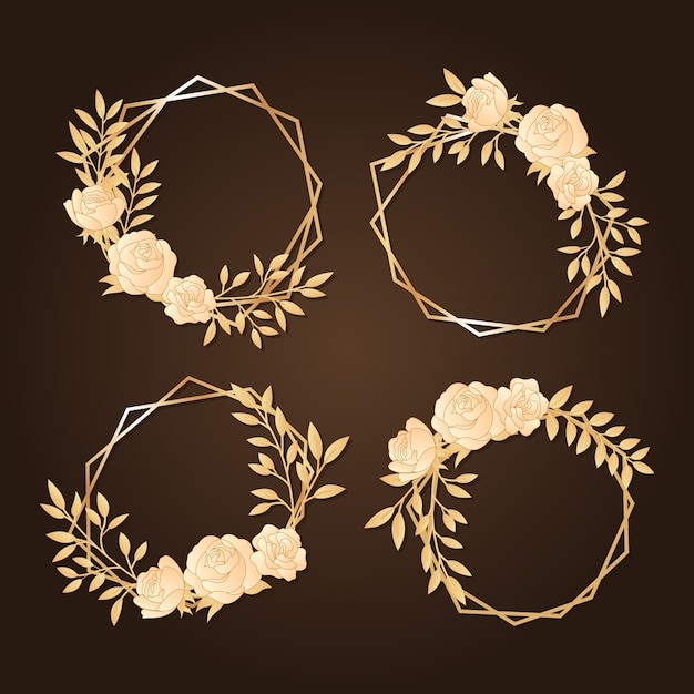 Gratis vector gouden veelhoekige frames met elegante bloemen