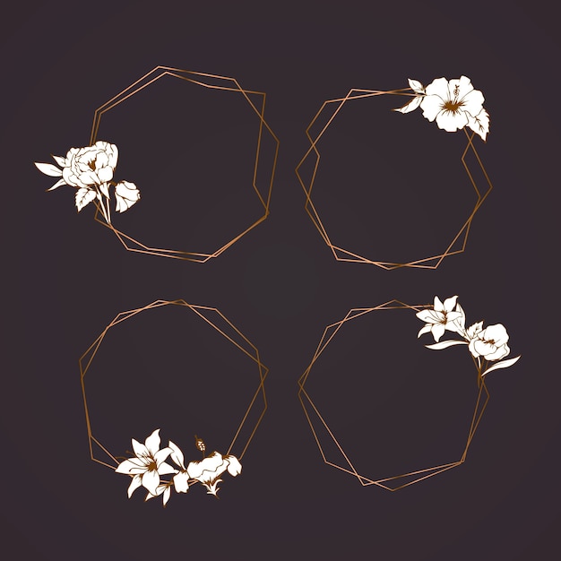 Gratis vector gouden veelhoekige frames met elegante bloemen