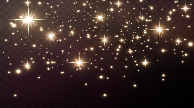 Gouden vonken en gouden sterren schitteren met een echt lichteffect. de explosie van de gouden confetti.