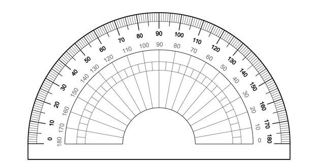 Gradenboog liniaal geïsoleerd op de witte achtergrond Meetinstrument Raster voor voor het meten van graden