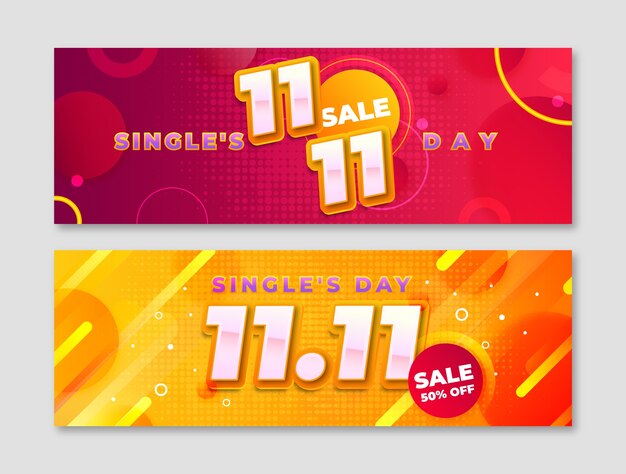 Gradient 11.11 singles' day horizontale banners set