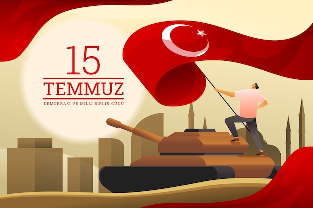 Gratis vector gradiënt 15 temmuz achtergrond met persoon met vlag op tank