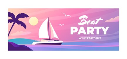 Gradient boat party social media voorbladsjabloon met boot op het water bij zonsondergang