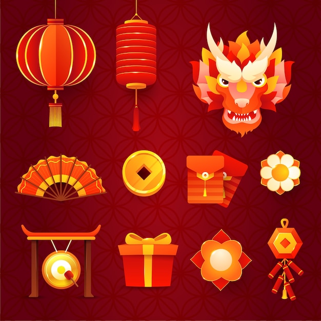 Gratis vector gradiënt design elementen collectie voor het chinese nieuwjaarsfeest
