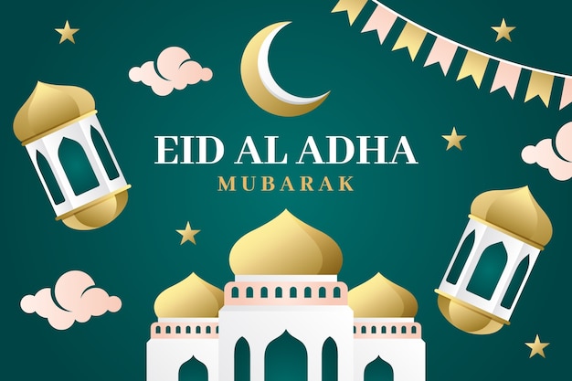 Gratis vector gradiënt eid al-adha achtergrond met lantaarns en paleis