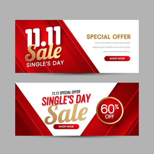 Gradiënt gouden en rode single's day horizontale verkoop banners set