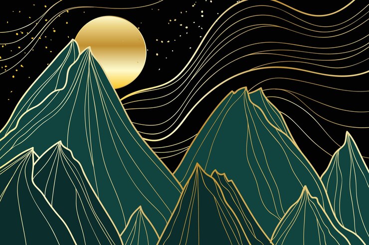 Gratis Vector gradiënt gouden lineaire achtergrond met bergen en maan