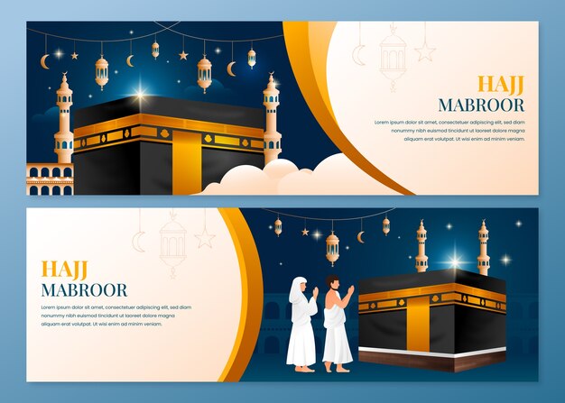 Gradiënt hadj horizontale banners met Mekka en biddende mensen