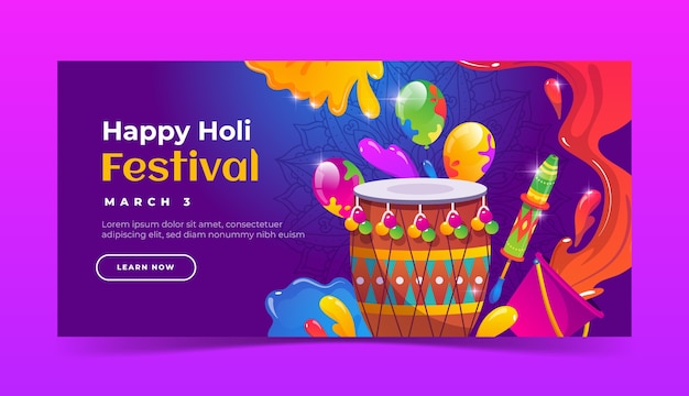 Gratis vector gradiënt holi festival horizontale banner sjabloon