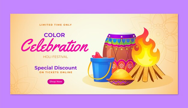 Gratis vector gradiënt horizontaal banner sjabloon voor holi festival viering.