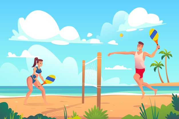 Gradiënt illustratie van een echtpaar dat een strandtenniswedstrijd speelt