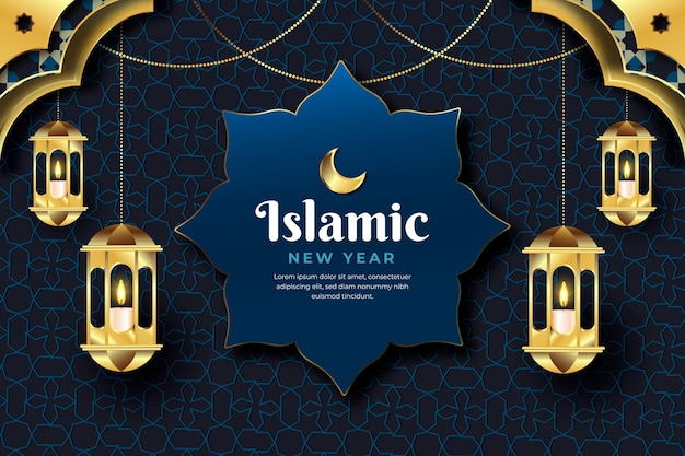 Gradiënt islamitische nieuwjaarsachtergrond met lampen