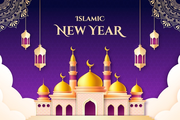 Gradiënt islamitische nieuwjaarsachtergrond met lantaarns en paleis