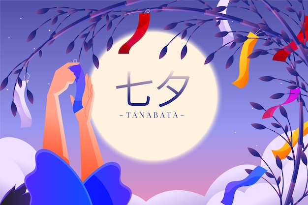 Gratis vector gradiënt tanabata achtergrond met persoon hangende decoraties