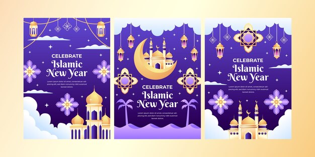 Gradient wenskaarten collectie voor islamitische nieuwjaarsviering