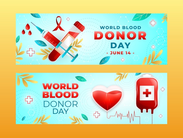 Gratis vector gradiënt wereld bloeddonor dag horizontale banners collectie