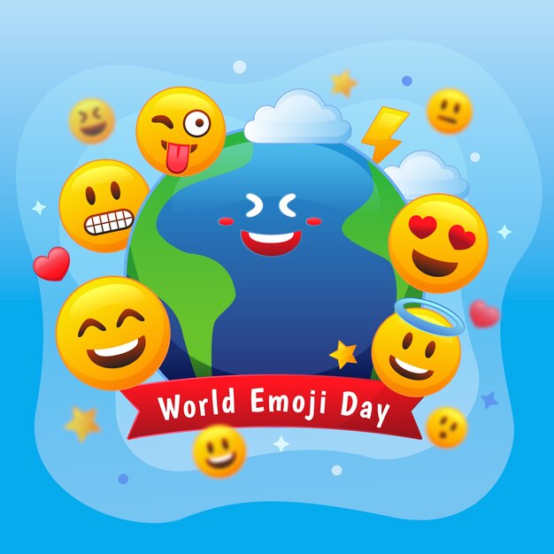 Gradiënt wereld emoji dag illustratie met emoticons en planeet aarde