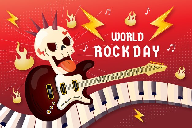 Gradiënt wereld rock dag achtergrond met schedel en gitaar