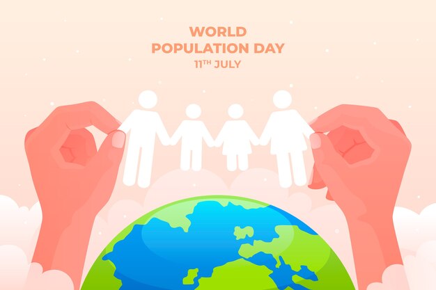Gradiënt wereldbevolking dag achtergrond met handen met papieren mensen