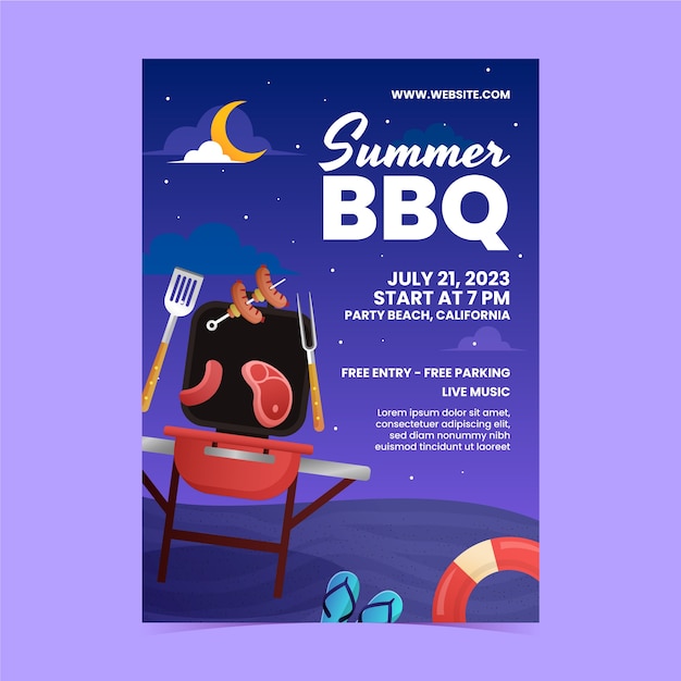 Gradiënt zomer bbq-postersjabloon met grill