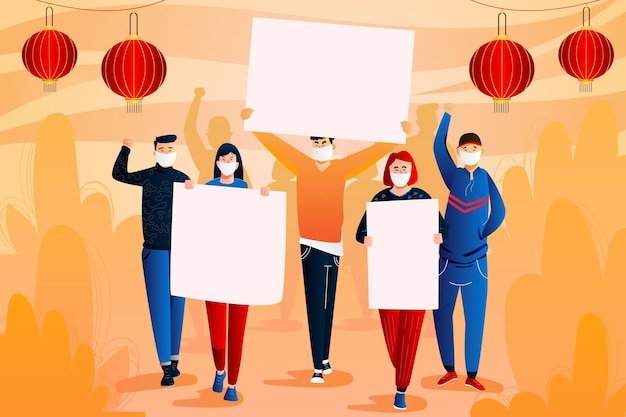 Gratis vector gradiëntmensen die spandoeken en lantaarns vasthouden china protesteren illustratie