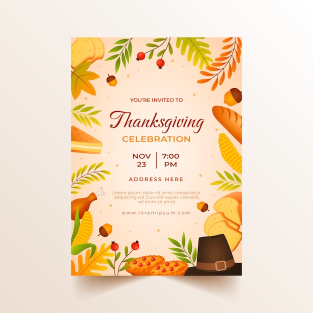 Gratis vector gradiëntuitnodigingsjabloon voor thanksgiving day-viering