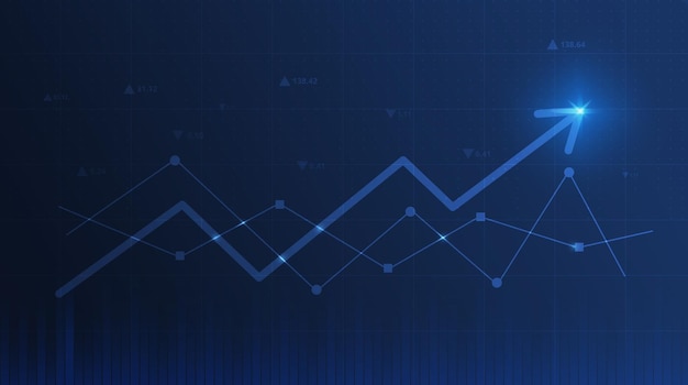Grafiekgrafiek met omhoog bewegend pijldiagram van de aandelenmarkt financiële investering op blauwe achtergrond