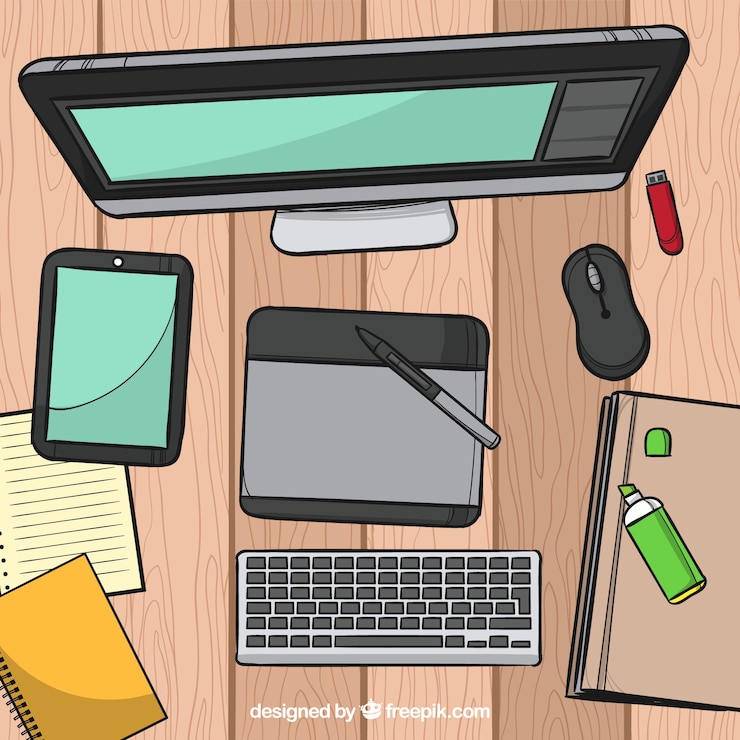 Gratis Vector grafisch ontwerp werkruimte achtergrond in de hand getrokken stijl