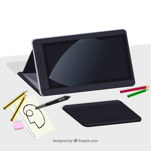 Gratis vector grafisch ontwerp werkruimteachtergrond met bureau en hulpmiddelen