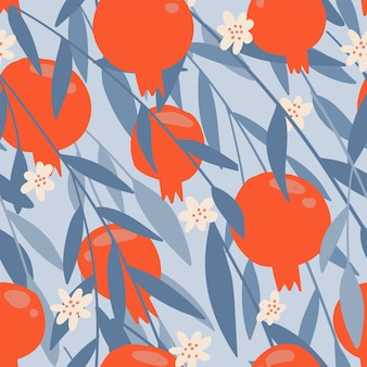 Granaatappel fruit naadloze patroon sjabloon met blauwe bladeren. botanisch fruitontwerp. bloeiende granaatappel. vector platte hand getekende illustratie.