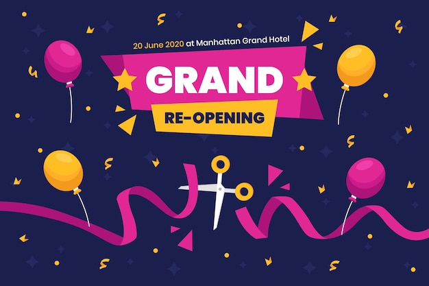 Gratis vector grand heropening achtergrond schaar en ballonnen