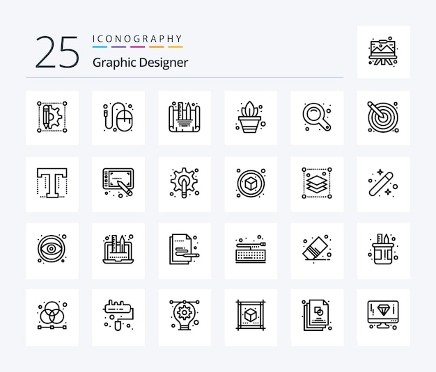 Graphic designer 25 line icon pack inclusief zoominterface maximaliseert tuinieren met muispotplanten