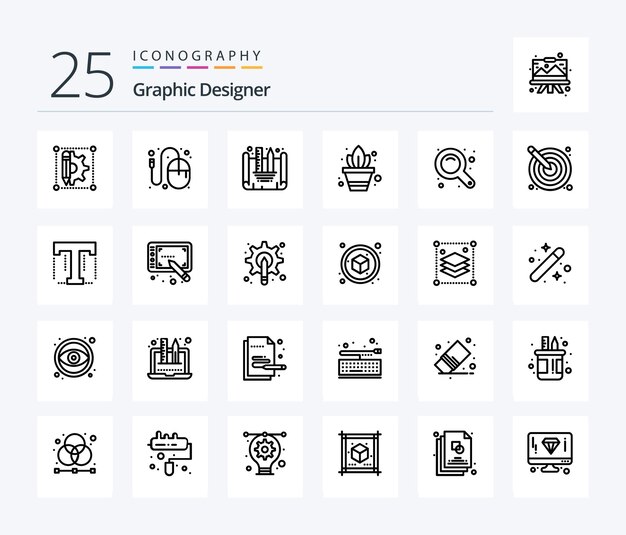 Graphic Designer 25 Line icon pack inclusief zoominterface maximaliseert tuinieren met muispotplanten