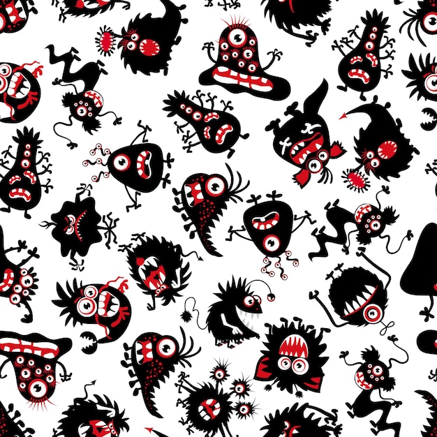 Grappig monsterspatroon voor kleine jongen. Halloween enge wezens. Achtergrond met zwart monster met staart en tanden. illustratie